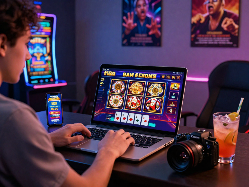 Un joueur explorant un nouveau casino en ligne, entouré de graphiques de jeux et de notifications de bonus.
