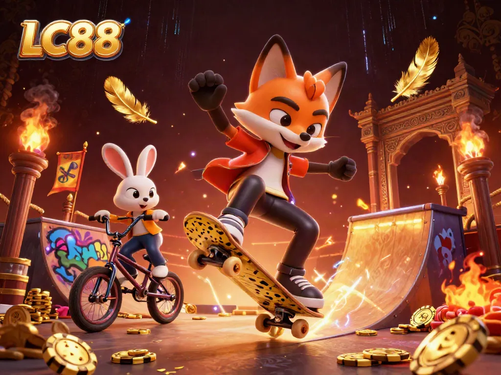 Engage with LC88 as the 3D skateboarder fox and BMX rabbit perform stunts in a vibrant casino atmosphere.