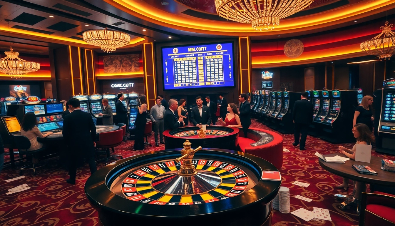 Kết quả xổ số displayed on a digital screen amidst a lively casino gaming scene.