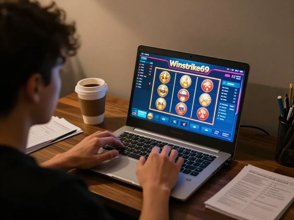 Engaging in Winstrike69 online slots gameplay from a cozy home setup with strategic notes