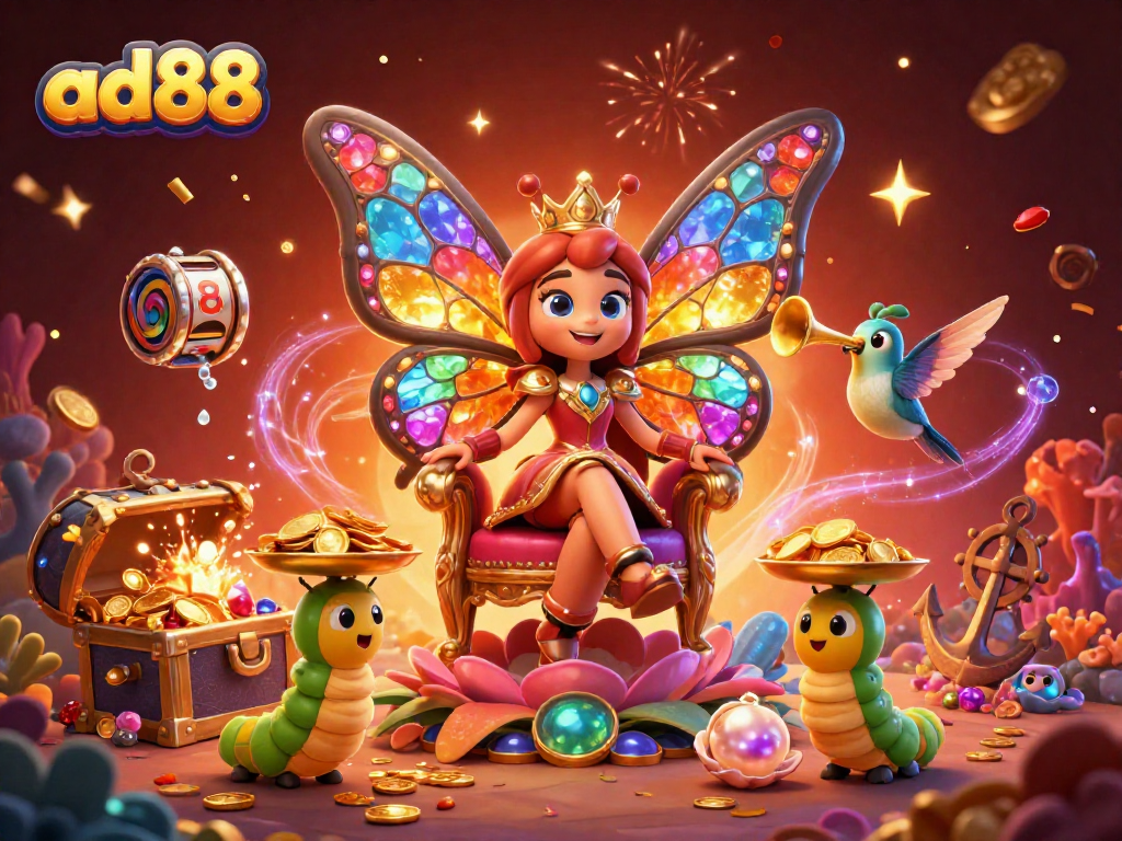 Engage with ad88's vibrant butterfly queen and her treasure-filled scene in this captivating casino illustration.