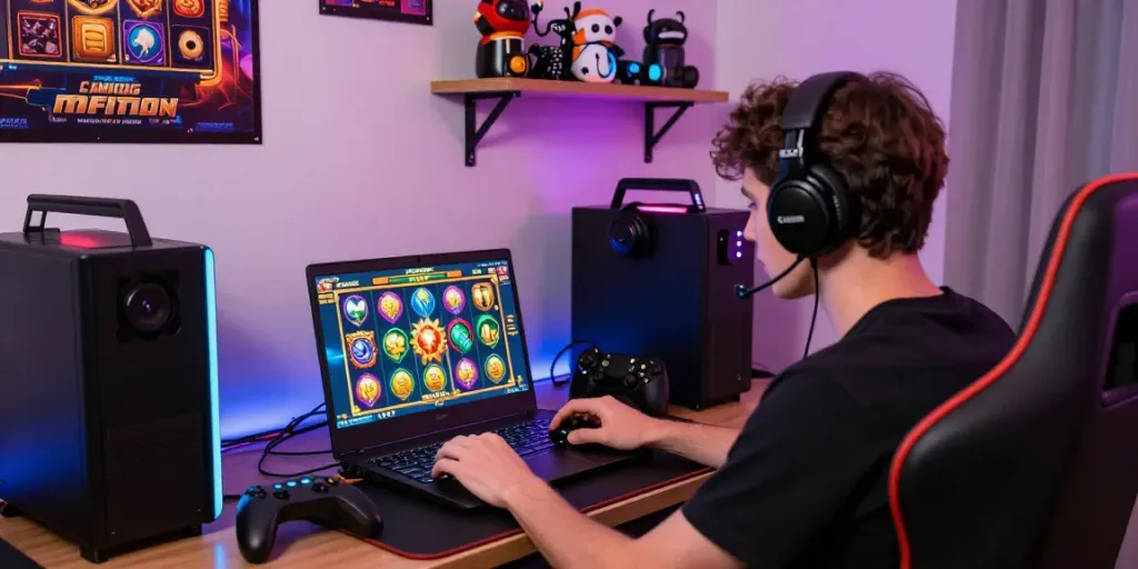 Player enjoying a thrilling slot game on a laptop in an engaging gaming environment.