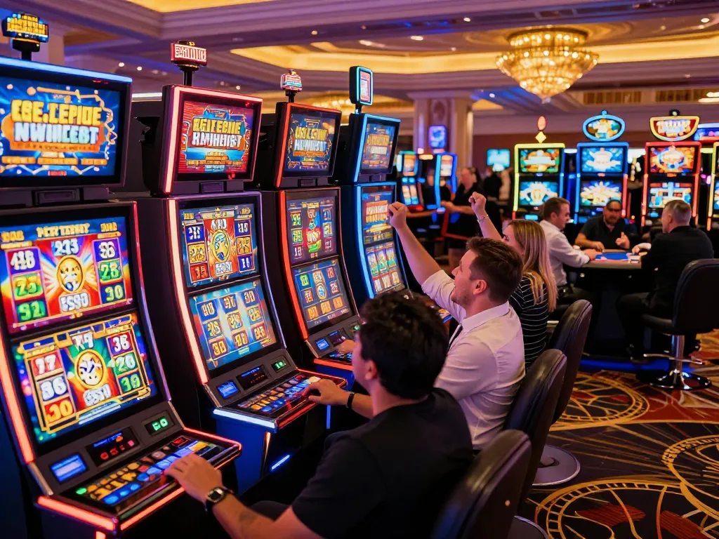 Exciting scene of players celebrating a big win at a vibrant slot machine on hakobhakobyanart website, showcasing the thrill of casino gaming.