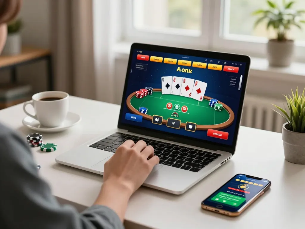 Engaging online poker gameplay on laptop showcasing strategies for sc8885 betting in a cozy home setup.
