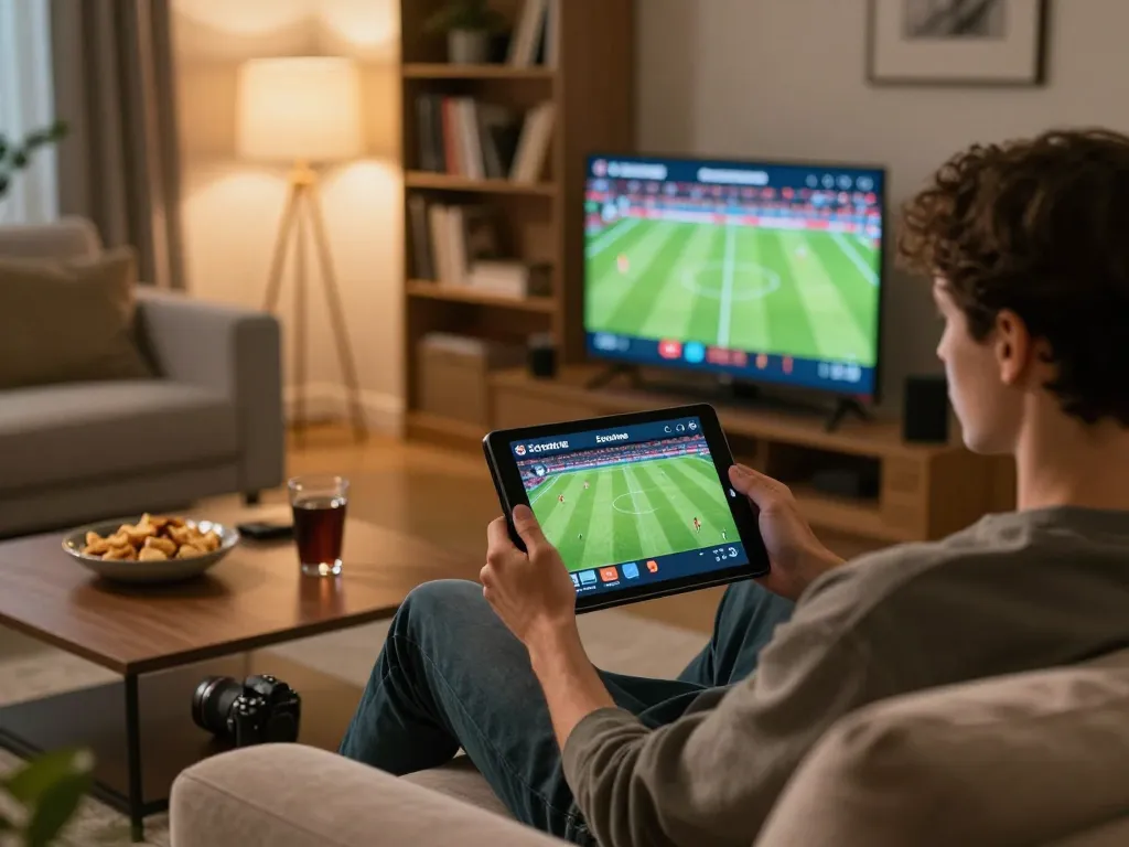 Socolive user engaging with live sports streaming on tablet in a cozy home setting