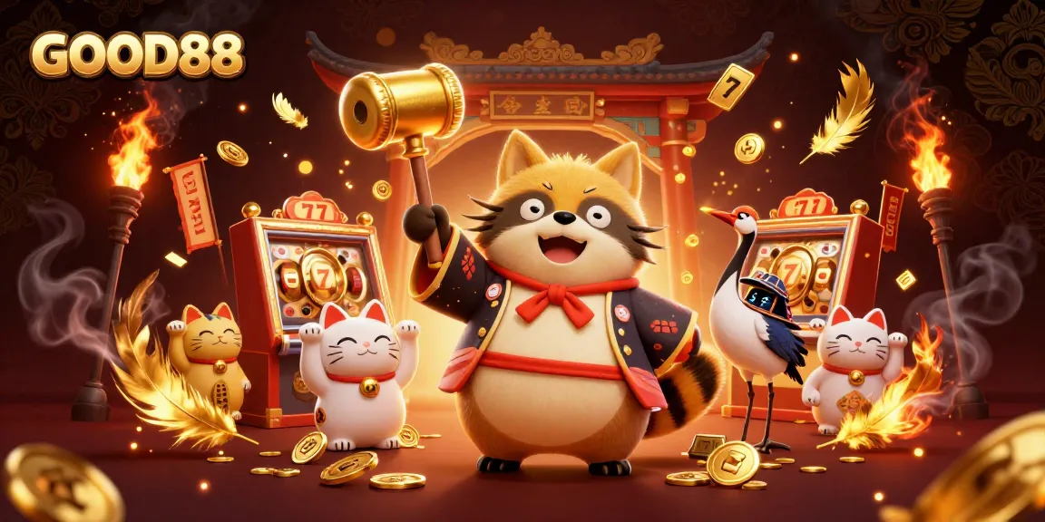 Play lucky slots at GOOD88 with a cheerful tanuki and colorful maneki-neko, delivering a vibrant casino atmosphere.