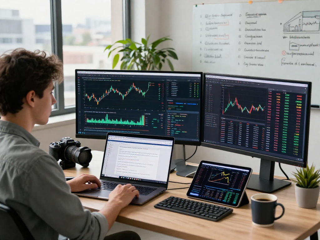 Real-time financial data API development workspace featuring historical Kline data API on screens, professional atmosphere.