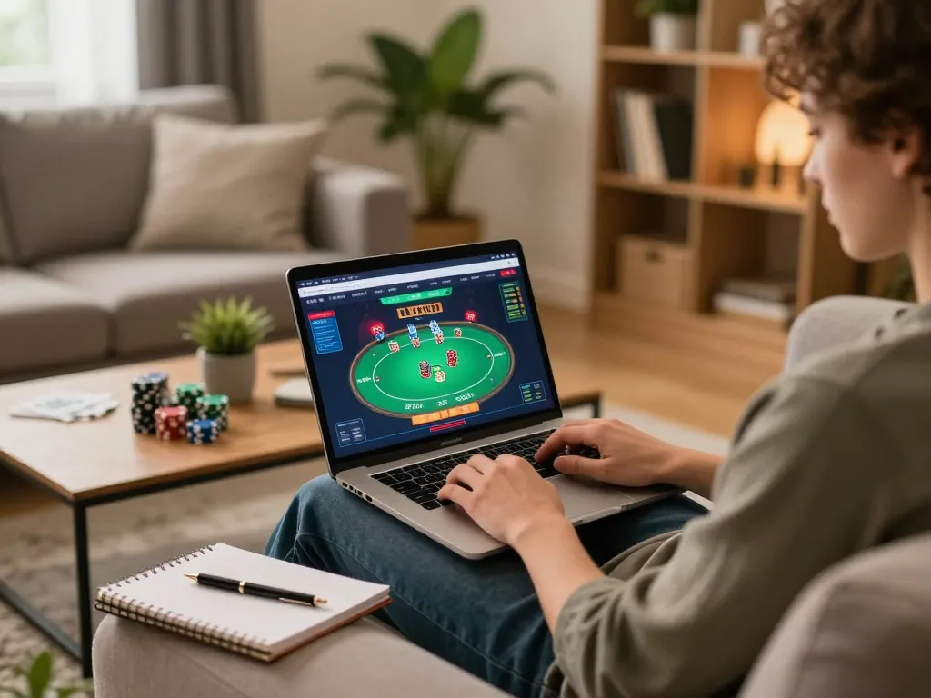 Player engaging in a strategic poker game on RR 88 platform at home, showcasing thoughtful gameplay and a relaxed setting.