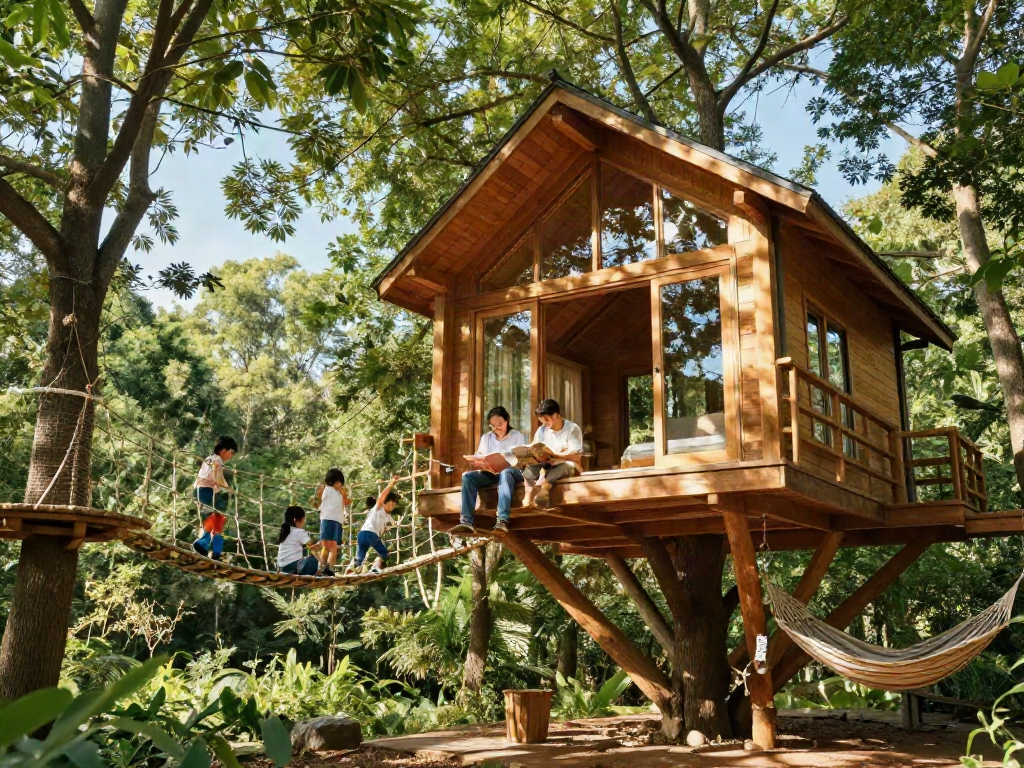 Experience tree house life with family playing around a luxury treehouse in a lush forest setting.