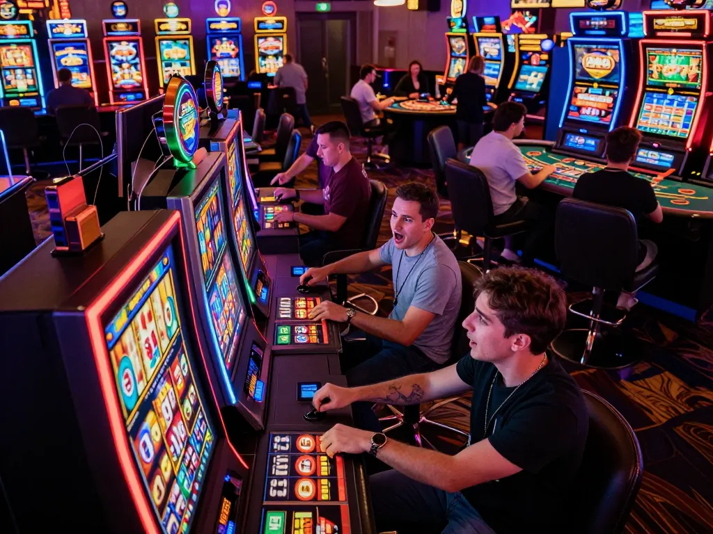Players enjoy engaging slot machines, symbolizing du88’s vibrant casino gaming experience with excitement.