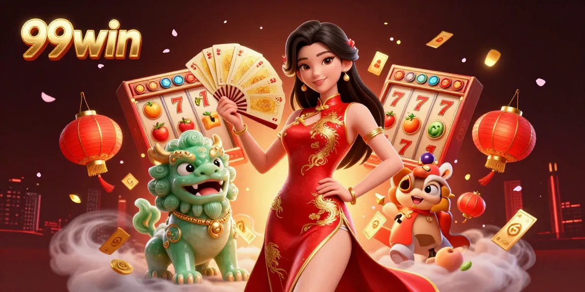 Experience thrilling gameplay with 99win as a stunning woman displays her golden cards amidst slot reels and vibrant symbols.