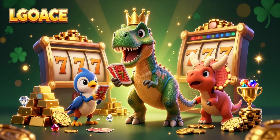 LGOACE showcases a vibrant, cartoon-themed casino scene featuring a T-Rex and friends engaged in joyful gambling activities.