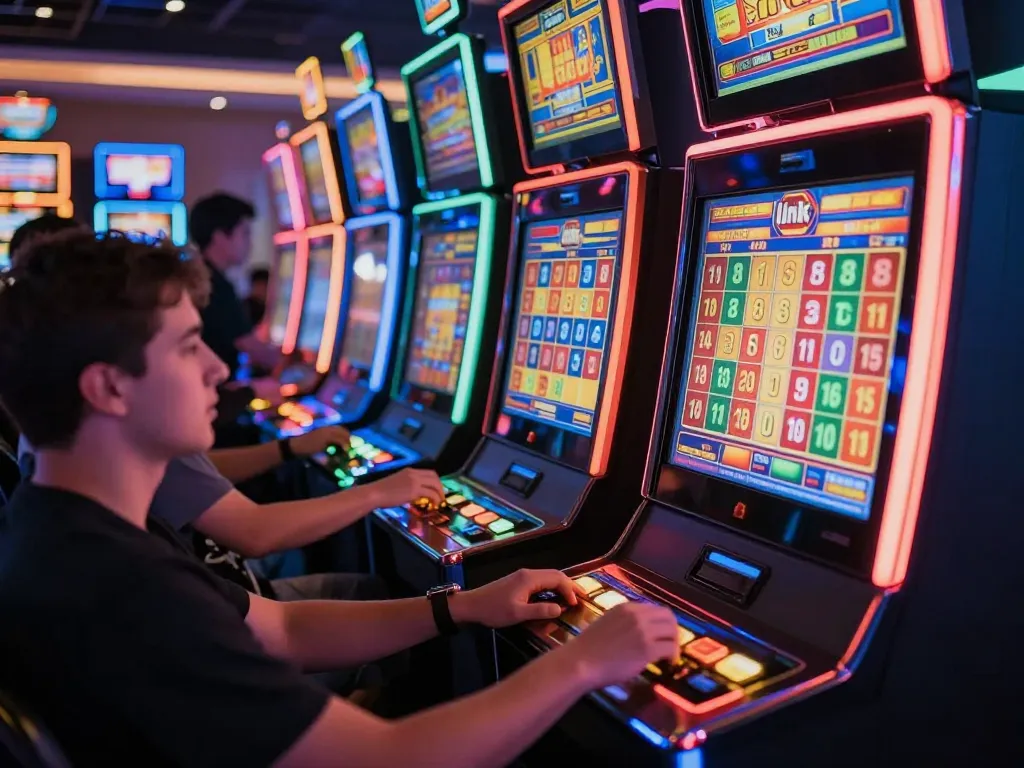 Players engaging with link slot machines in a vibrant casino, showcasing excitement and potential wins