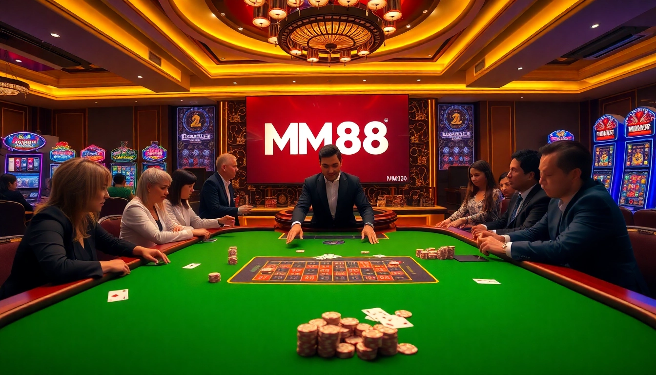 MM88 poker table scene with professional dealers and excited players, showcasing high-stakes gambling.