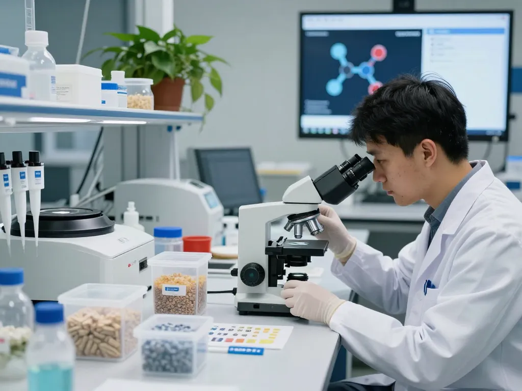 Researcher analyzing bioplastic samples at www.bluepha.bio lab, showcasing innovative PHA biopolymers.