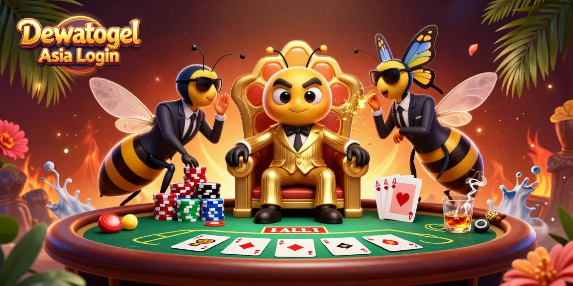 Dewatogel Asia Login showcases a vibrant casino scene with a bumblebee mob boss and poker action.