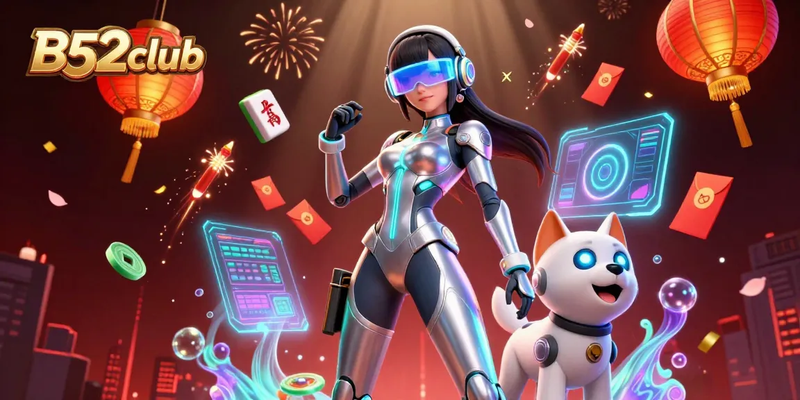 B52club offers an exciting 3D gaming illustration showcasing a futuristic character and a robot dog amidst vibrant casino elements.