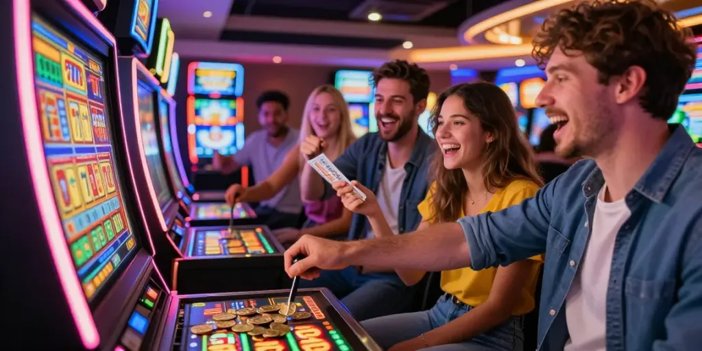 Permainan slot777 di kasino yang penuh warna, dengan pemain bahagia dan suasana meriah.