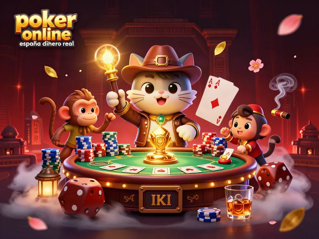 Juega al póker online en España con dinero real, donde un gato explorador y un mono descubren un artefacto en un templo.