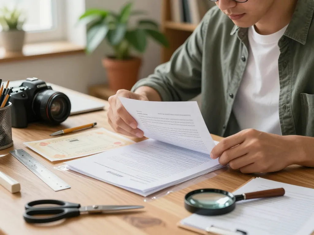 hướng dẫn bóc lớp ép plastic hà nội: Person carefully removing plastic layers from important documents in a home office.