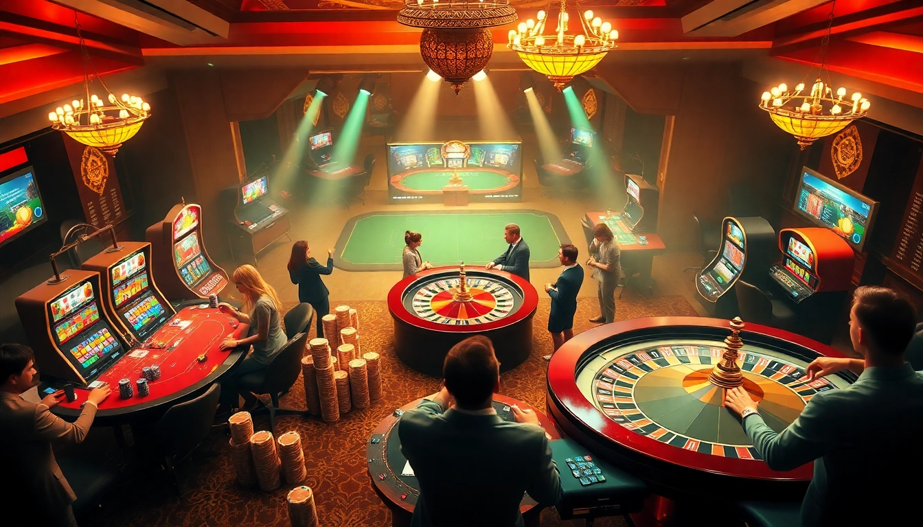 Scène engageante de joueurs dans un casino en ligne argent réel, mettant en valeur des jetons de poker et des machines à sous.