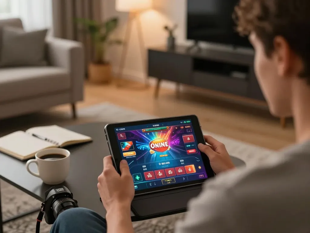 Engaging in online casino games at Trang chủ MIG8 with a cozy home setup and vibrant interface.