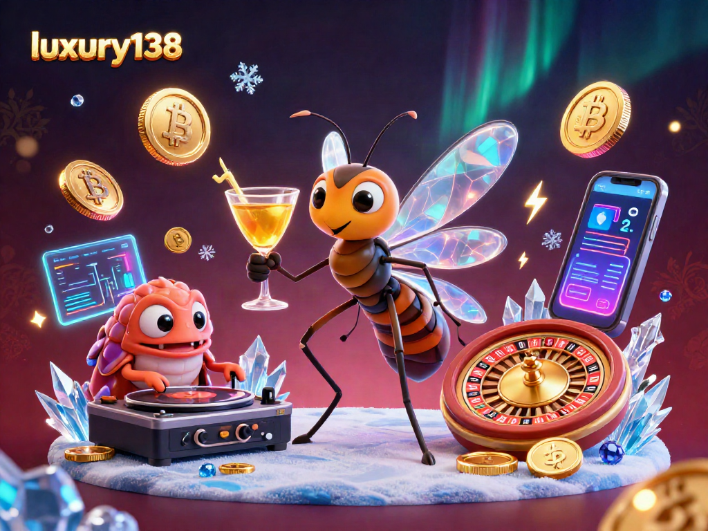 Luxury138 menghidupkan suasana kasino dengan karakter dan elemen unik dalam ilustrasi 3D.