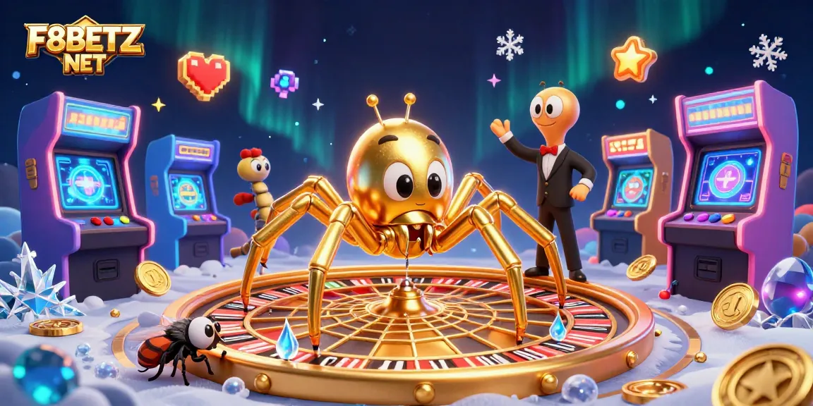 Bet on the colorful casinos of F8BETZ NET in a vibrant 3D illustration featuring a golden web.