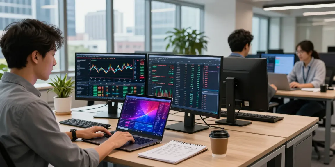 Developer analyzing quantitative trading data feed on multiple screens in a vibrant fintech office.