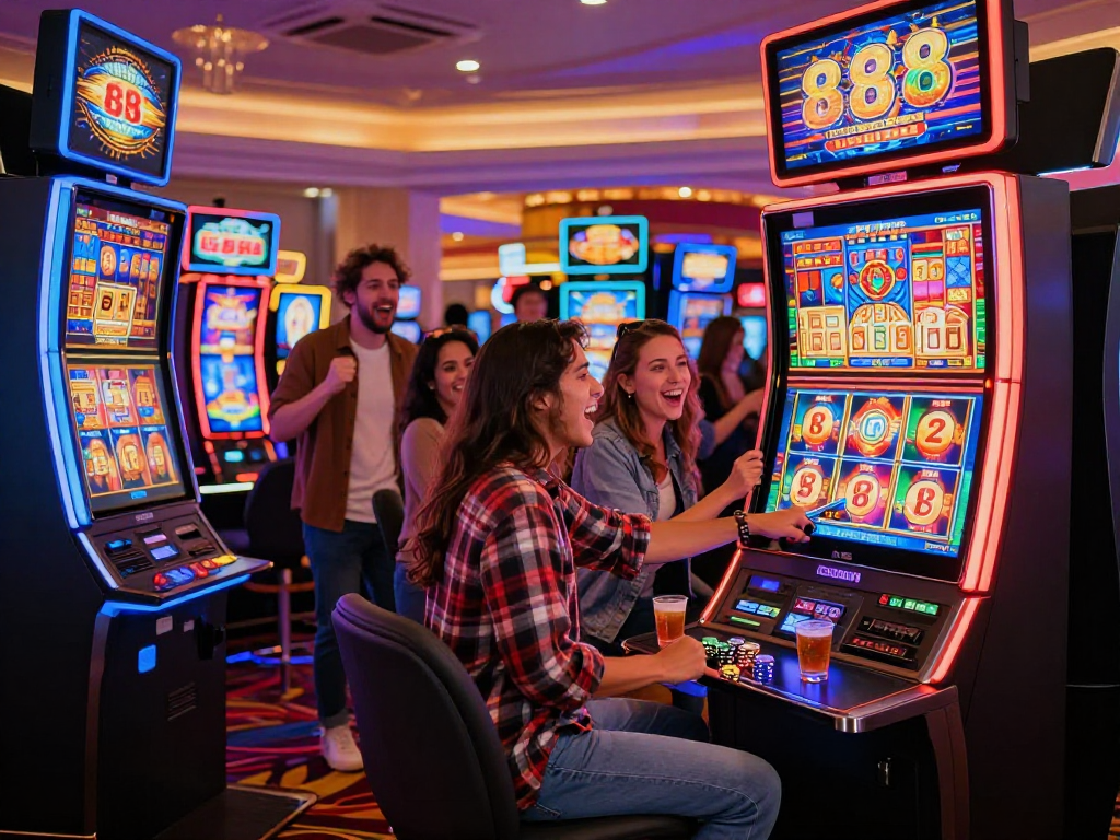 Group cheering around slot88 machine in vibrant casino setting, capturing excitement and luxury.