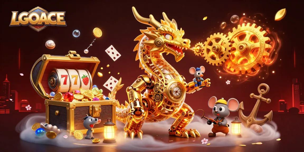 LGOACE offers an exciting slot experience featuring a golden dragon amidst vibrant treasures and animated game elements.