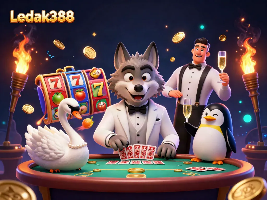 Engage with Ledak388's dynamic online casino scene featuring cartoon characters at a baccarat table.
