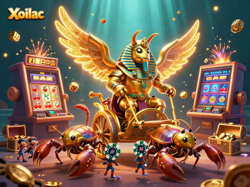 Xoilac showcases a vibrant 3D scene of a golden beetle and scorpions amidst exciting casino elements.