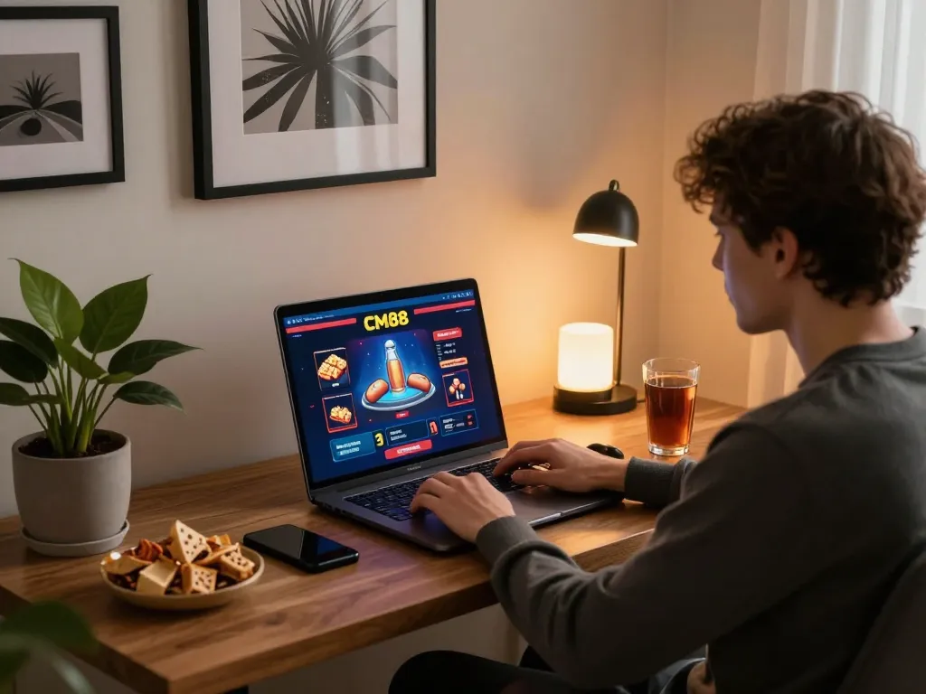 CM88 player logged into online casino on laptop, enjoying a cozy gaming experience