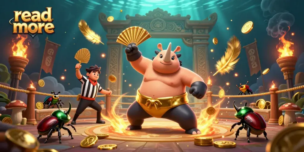 Read more as a cartoon rhinoceros beetle champion stomps gold coins in a dynamic casino arena.