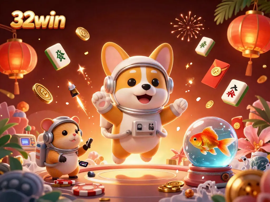 Experience thrilling gaming in 32win's vibrant space casino with floating elements and animated characters.