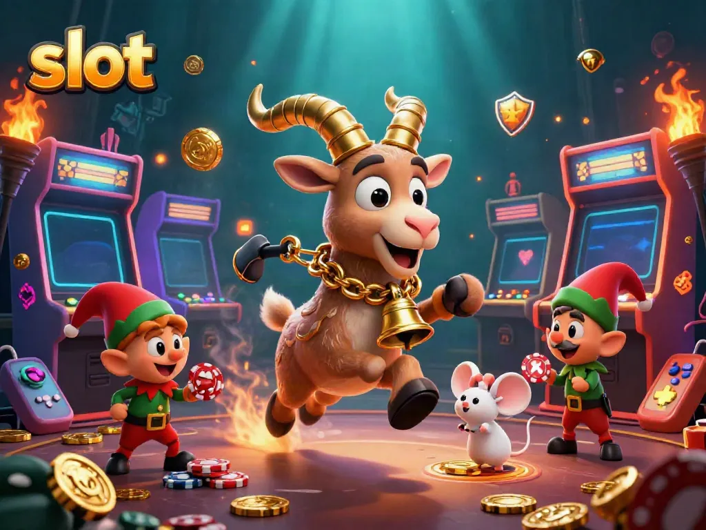 Experience thrilling slot gaming action with a festive Krampus goat in a dynamic casino scene.