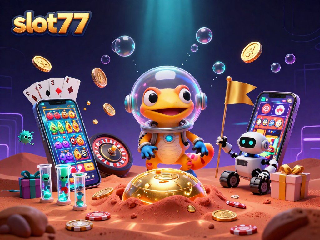 Experience thrilling fun with slot777 as Martian gecko discovers a golden casino in a cosmic adventure.