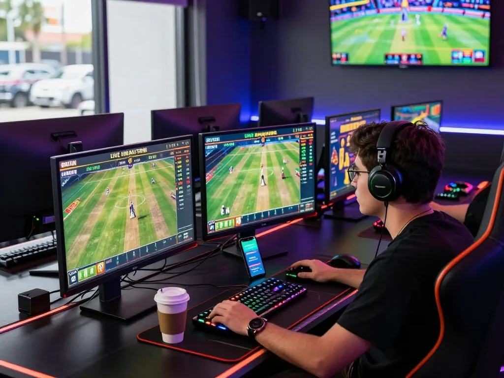 Engaged player at 99exch online gaming station, experiencing live cricket betting.