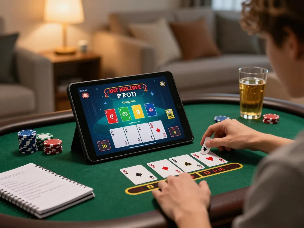 Person engaged in an online blackjack game on a tablet, showcasing alo8's gaming features and strategic gameplay.