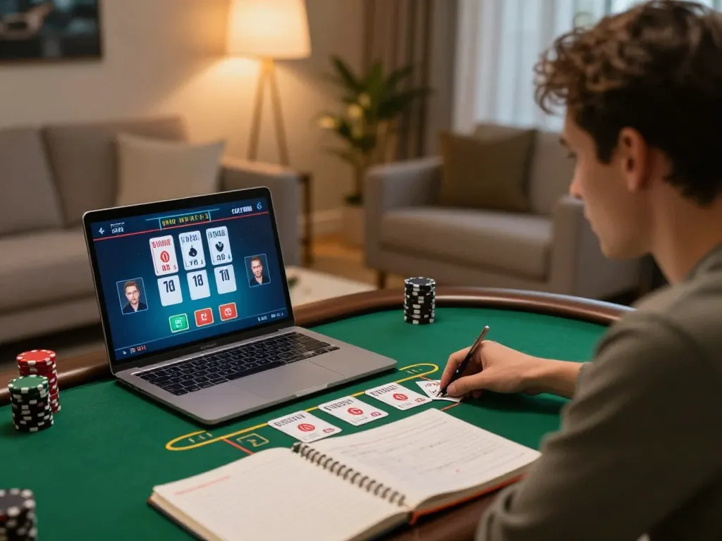 Player engaged in live dealer blackjack at home, showcasing strategic online gambling with bj886.