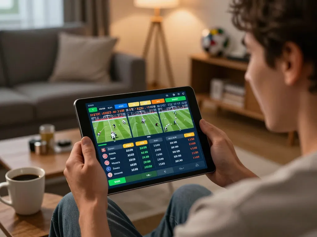 Nyalabet user placing sports parlay bets on tablet in cozy living room setting during evening.