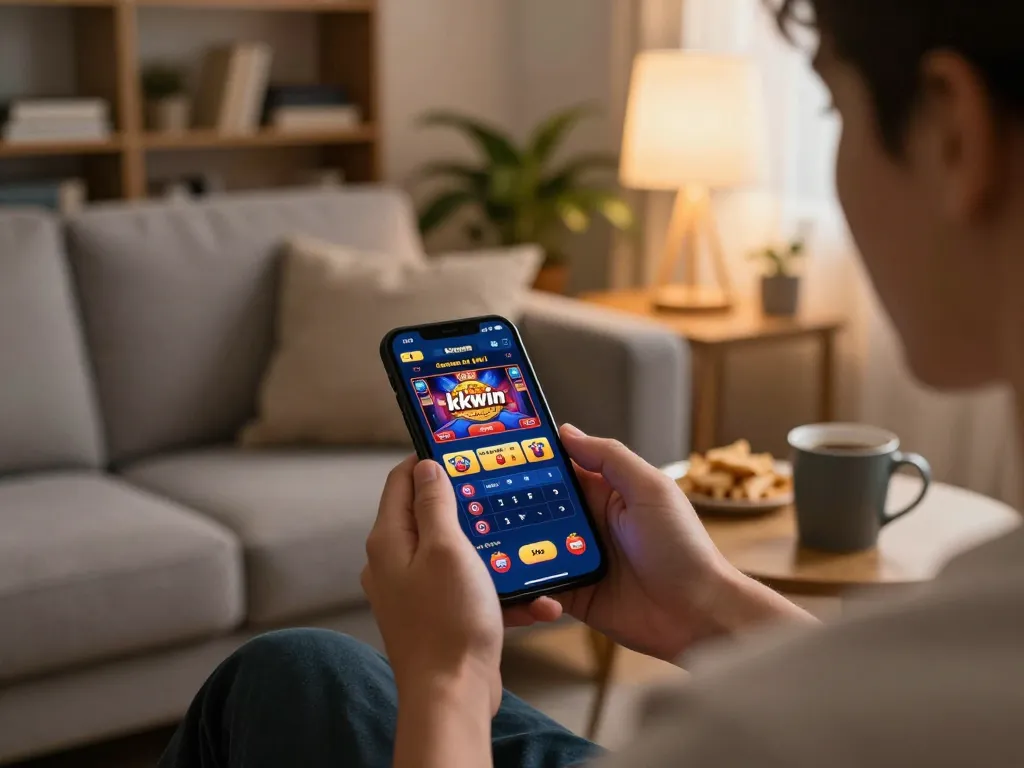 User engaging with kkwin casino app on smartphone in a cozy home setting, enjoying online gambling responsibly.