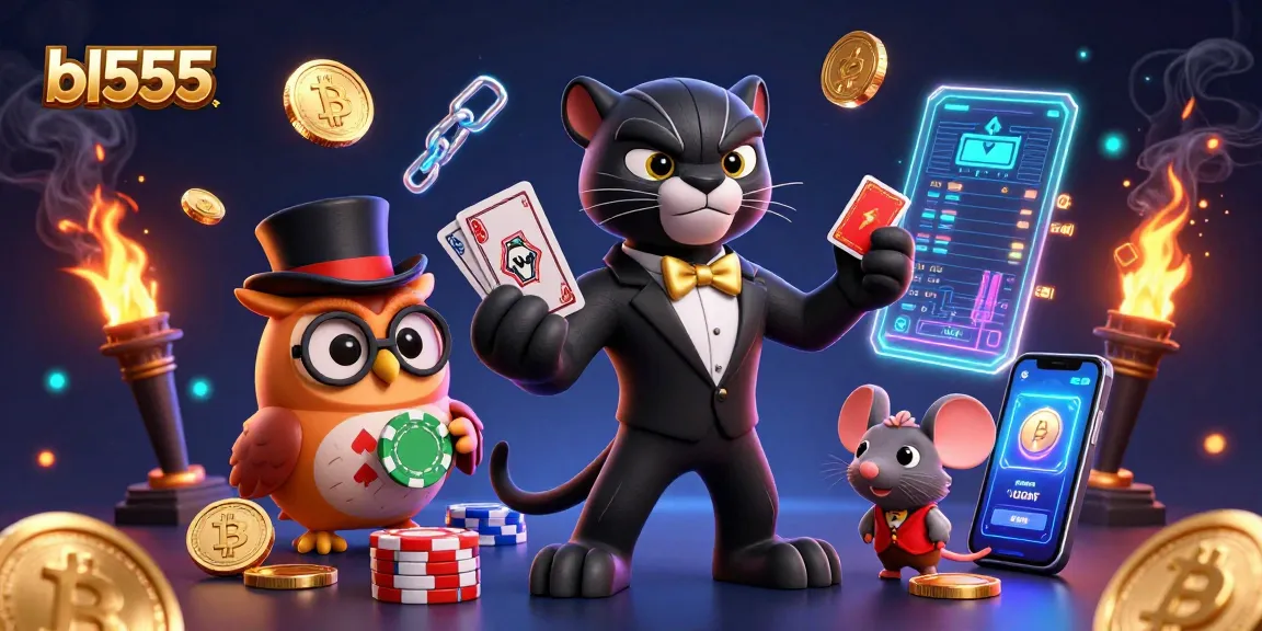 Experience thrilling gaming at bl555 with a stylish tuxedo panther dealer and animated casino elements.