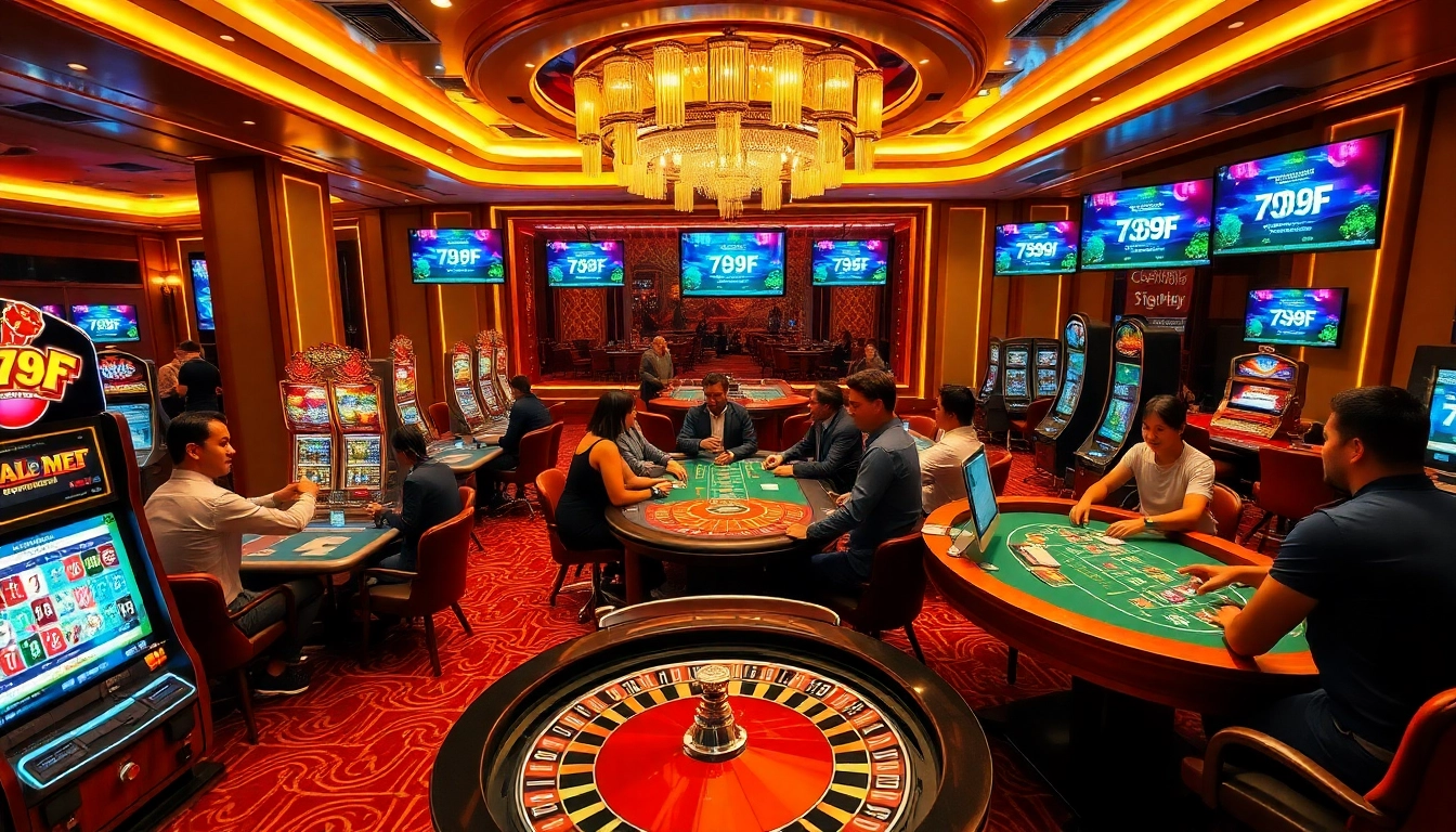 Players enjoying thrilling games at 789F online casino with vibrant slot machines.