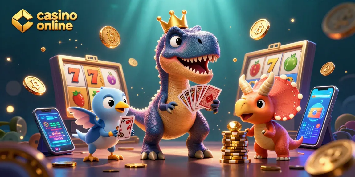 Play engaging casino online games with vibrant characters in a lively 3D scene featuring slots and crypto elements.