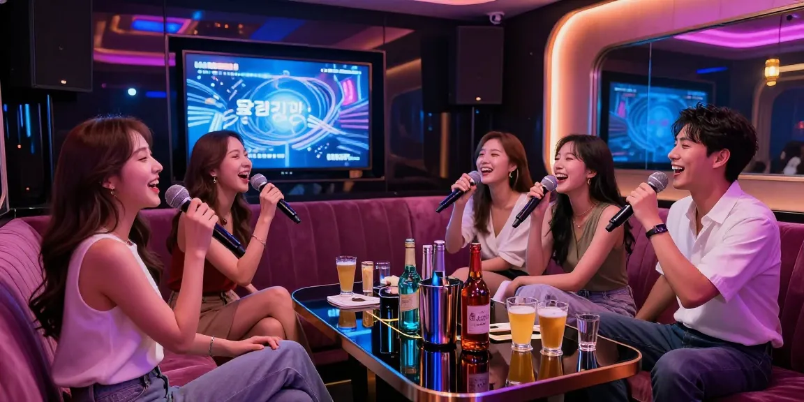Friends enjoying a lively night at 강남가라오케 with luxurious decor and vibrant atmosphere.