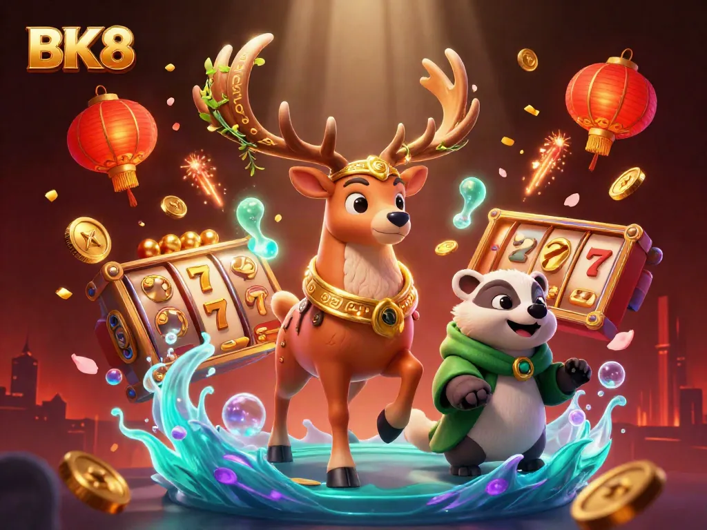 Engage with BK8's thrilling casino experience featuring a druid stag and slot elements.
