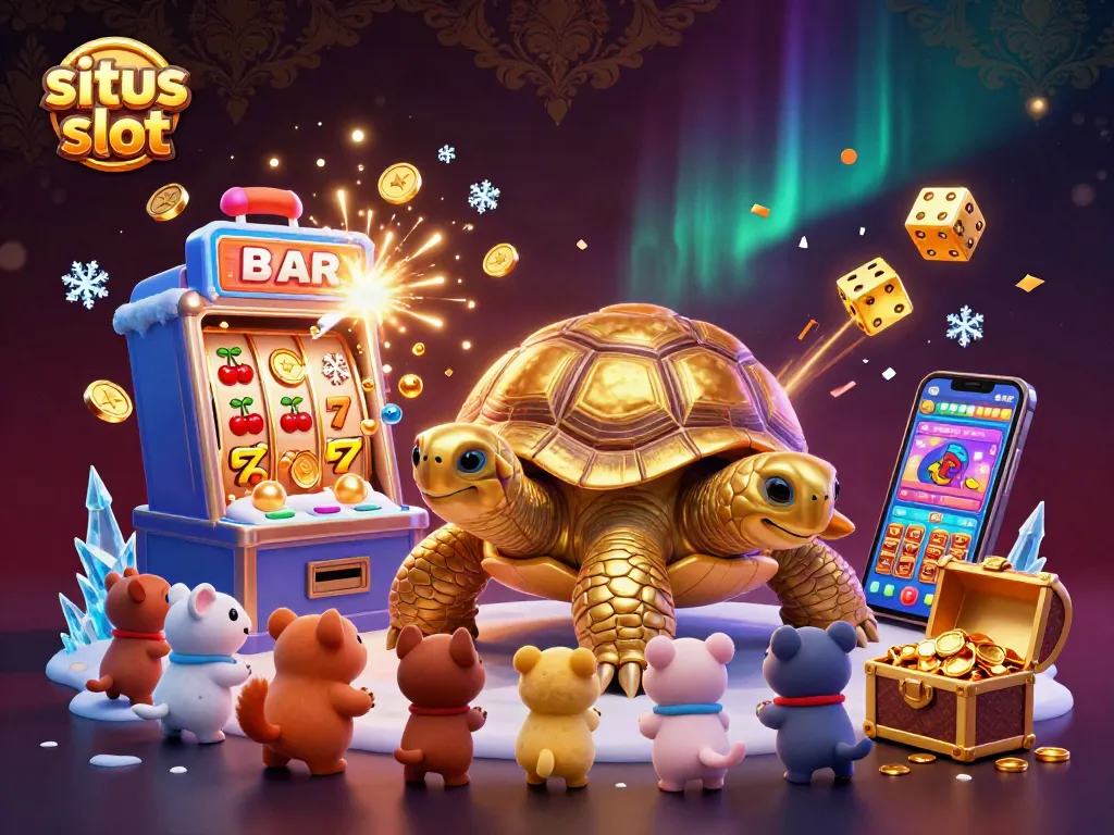 Situs slot inspires excitement with a golden tortoise pinball machine amidst vibrant gambling elements.