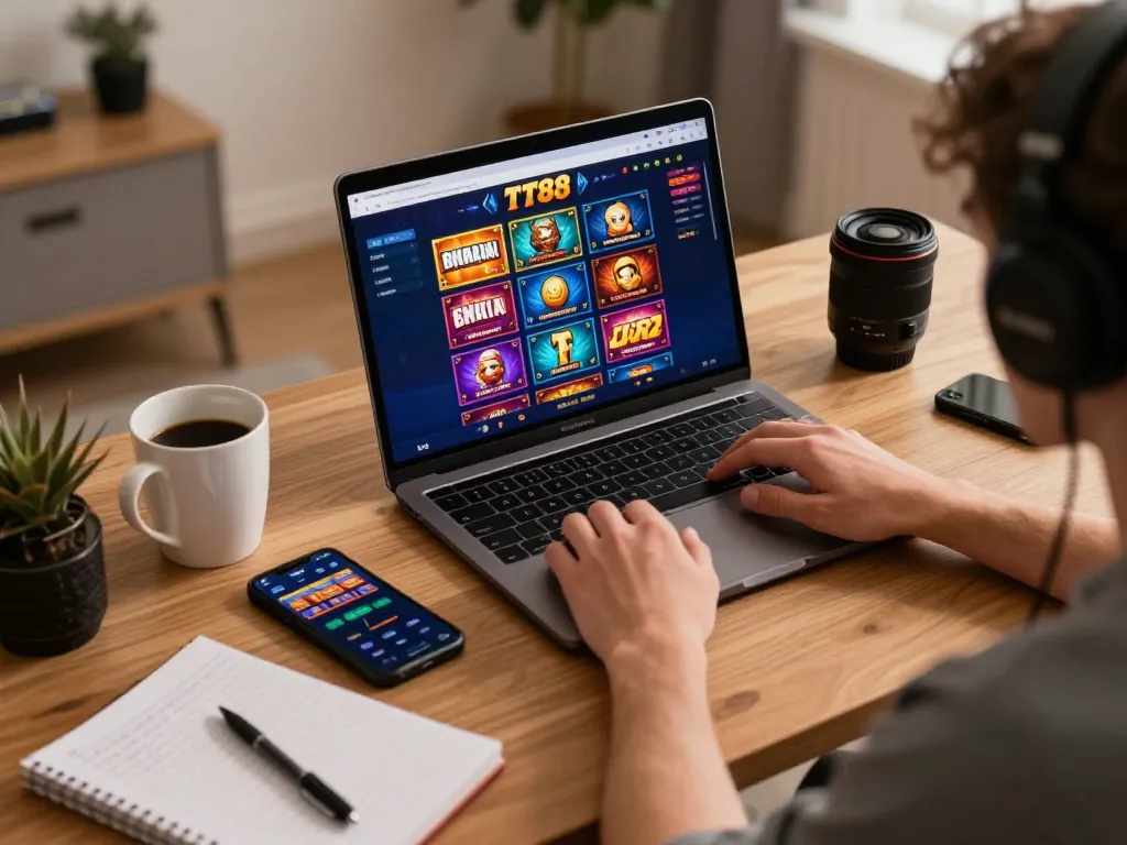 Engaging with the TT88 casino app on a laptop while sipping coffee in a cozy home setup.